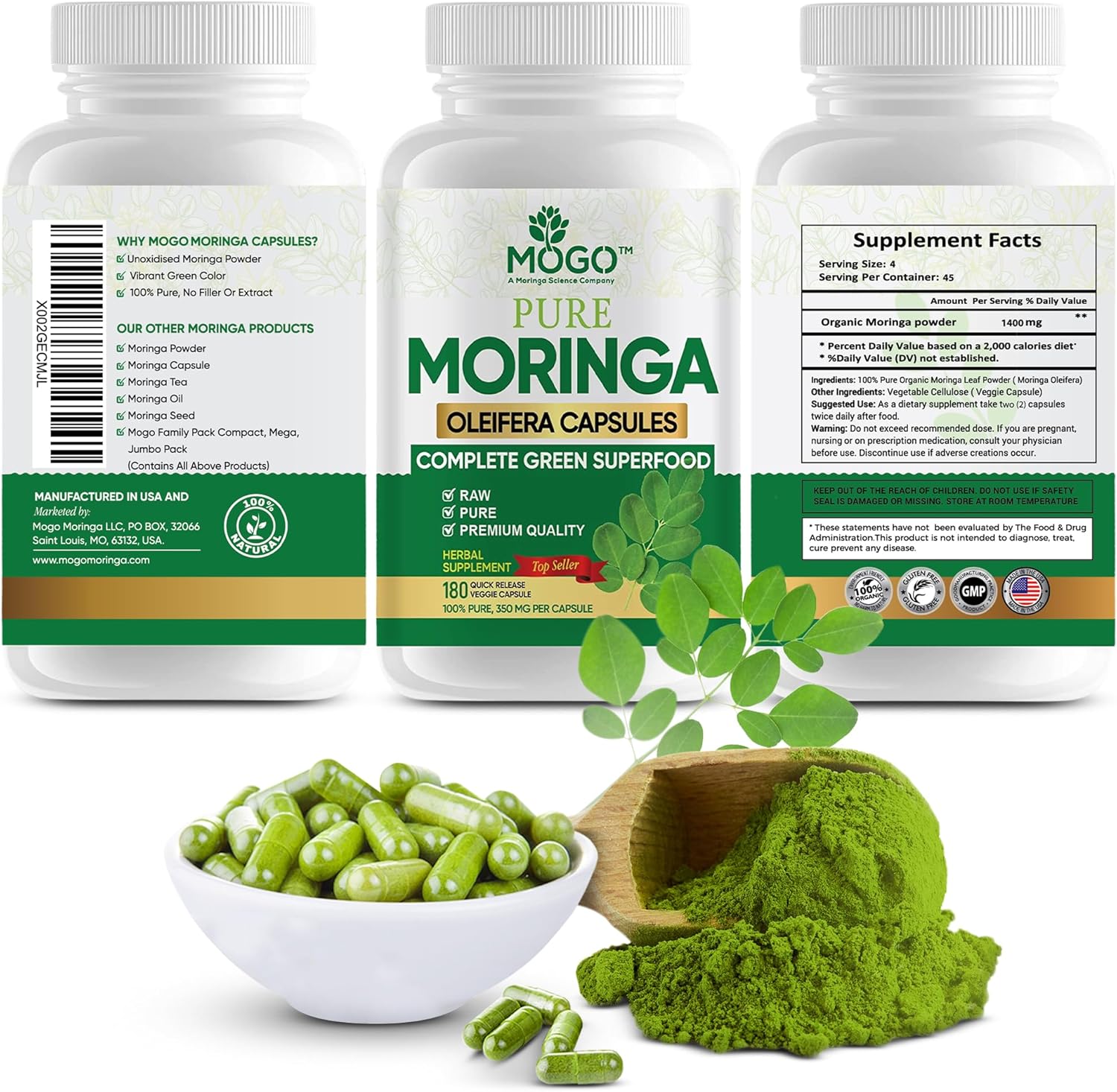 MOGO Organic Moringa Powder Capsules,180 Ct ⭐⭐⭐⭐⭐ #1 BEST SELLING MORINGA CAPSULE in USA