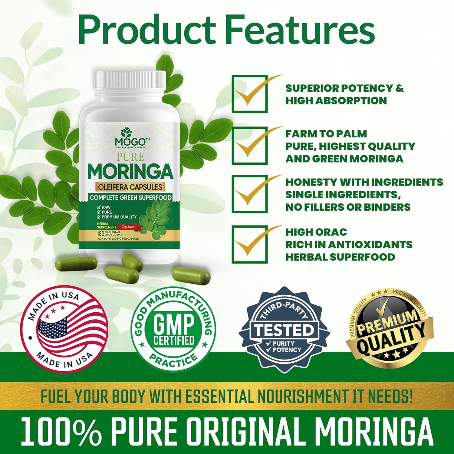 MOGO Organic Moringa Powder Capsules,180 Ct ⭐⭐⭐⭐⭐ #1 BEST SELLING MORINGA CAPSULE in USA
