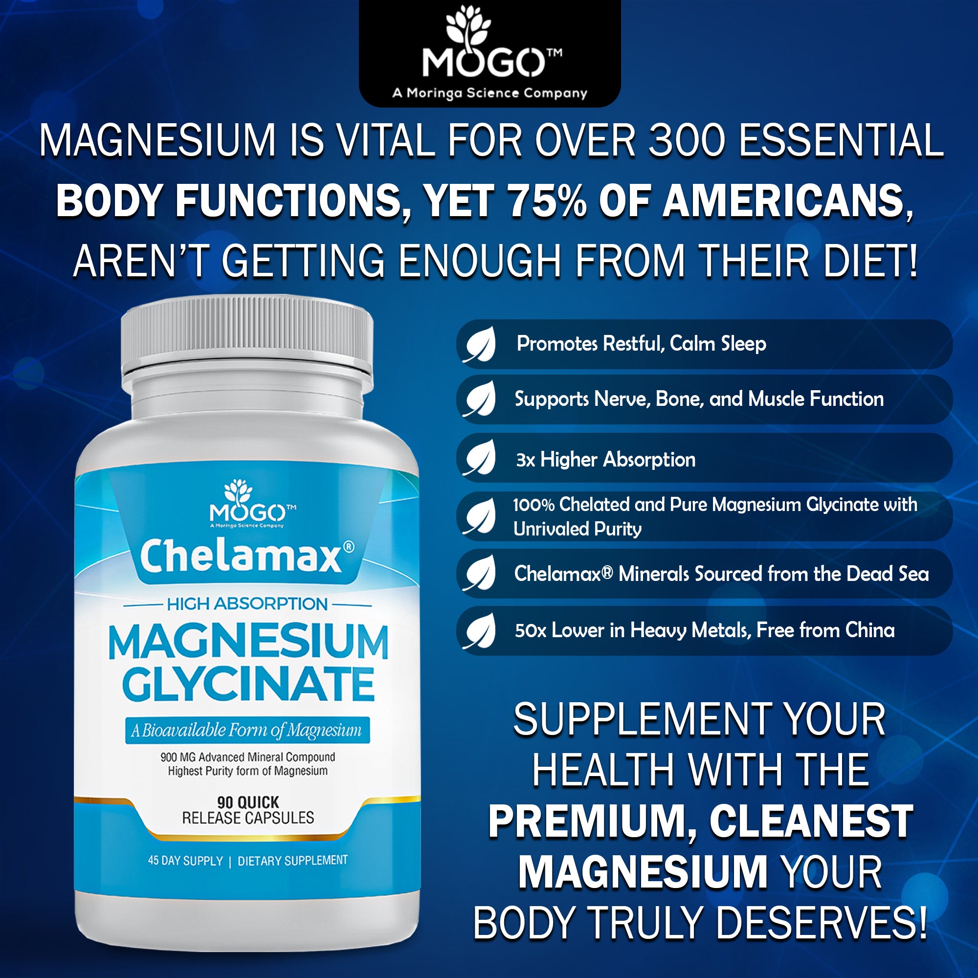 MOGO - Magnesium Glycinate 900mg Capsules for Deep Sleep, Muscle Cramps.100% Pure, Extract from Dead Sea, Not CHINA